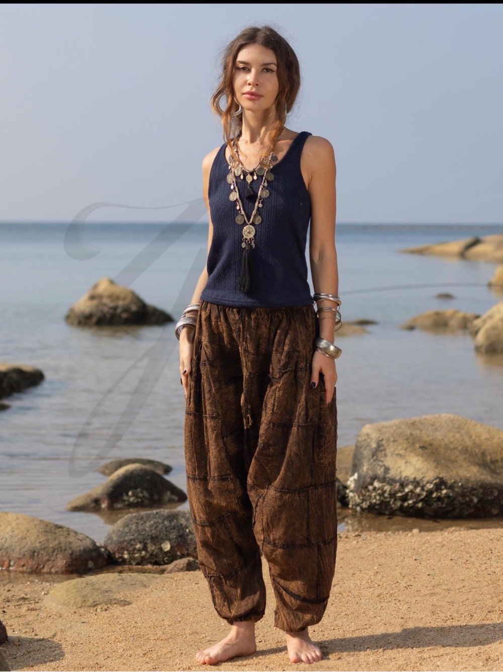 Bohemian Wide-Leg Harem Pants in Washed Brown
